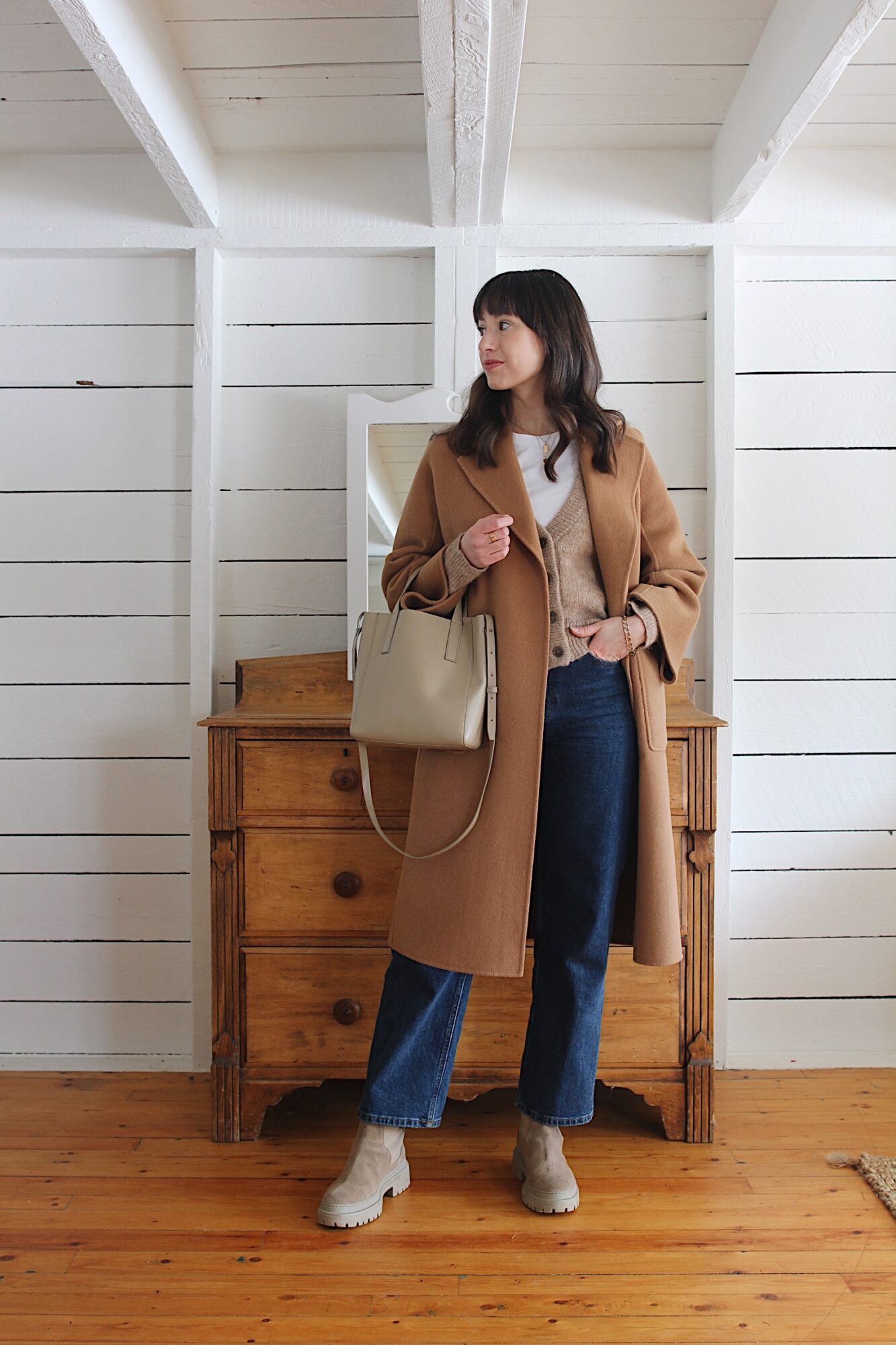 Style Bee - CAMEL COAT, TAUPE CARDIGAN, WHITE TEE, WAY HIGH JEANS & BOOTS