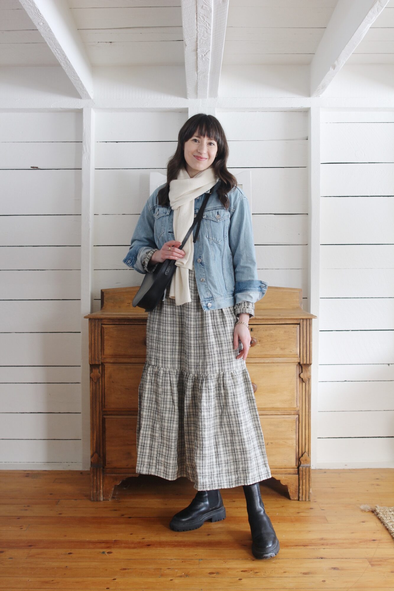 Style Bee - DENIM JACKET, MAXI DRESS, CHUNKY BOOTS, CREAM SCARF