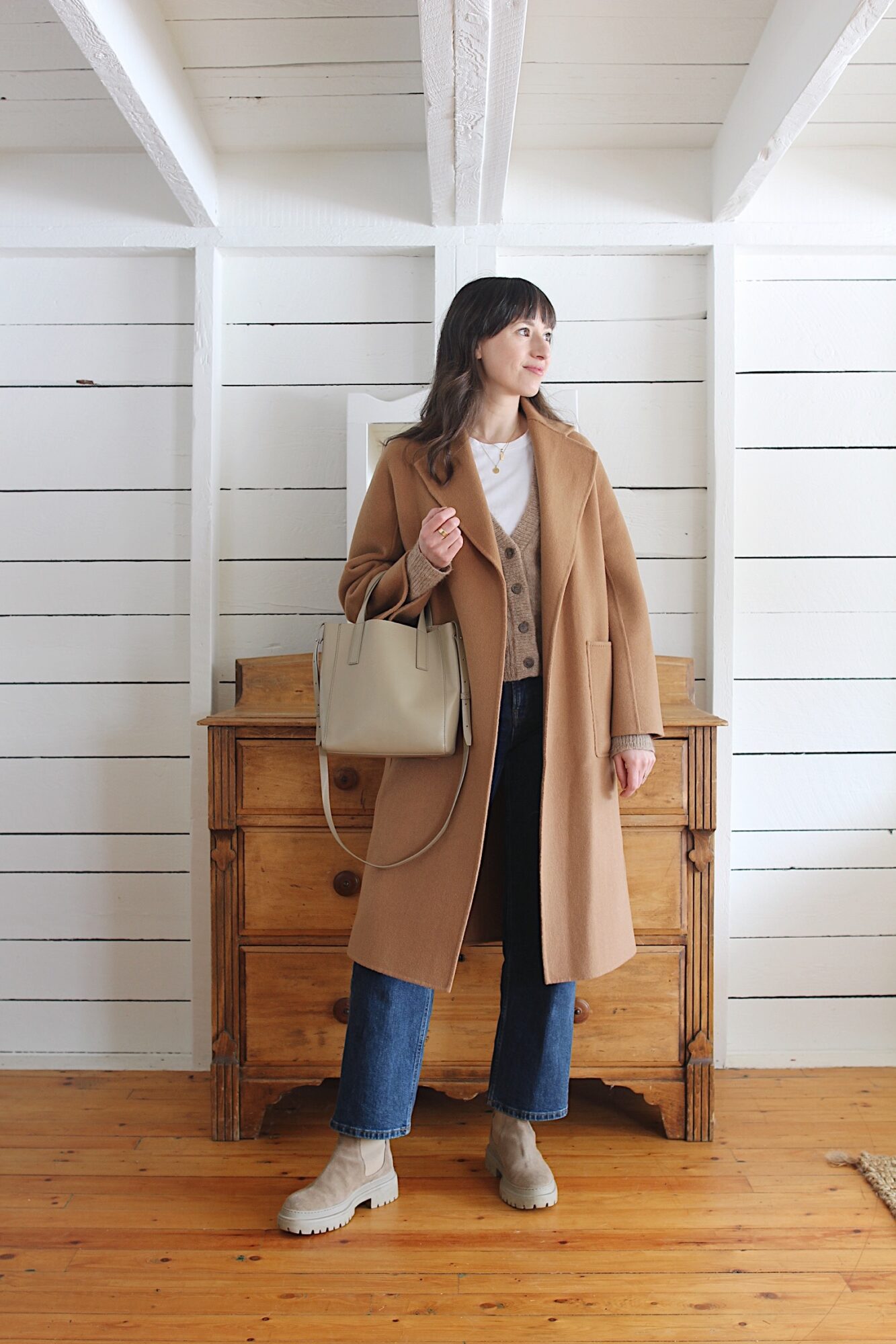 Style Bee - CAMEL COAT, TAUPE CARDIGAN, WHITE TEE, WAY HIGH JEANS & BOOTS