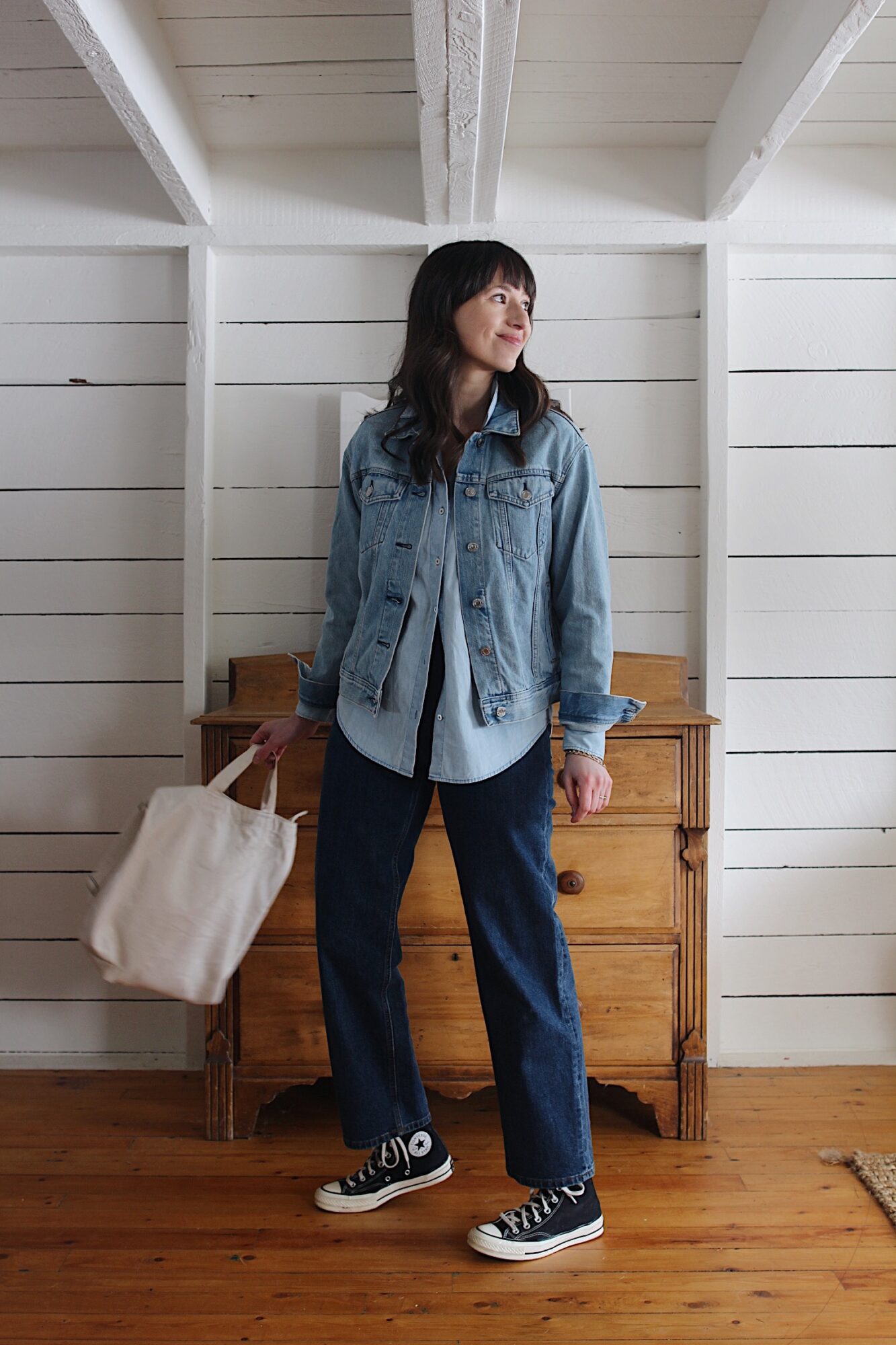 Style Bee - DENIM JACKET, CHAMBRAY SHIRT, STRAIGHT LEG JEANS AND CONVERSE HIGH TOPS