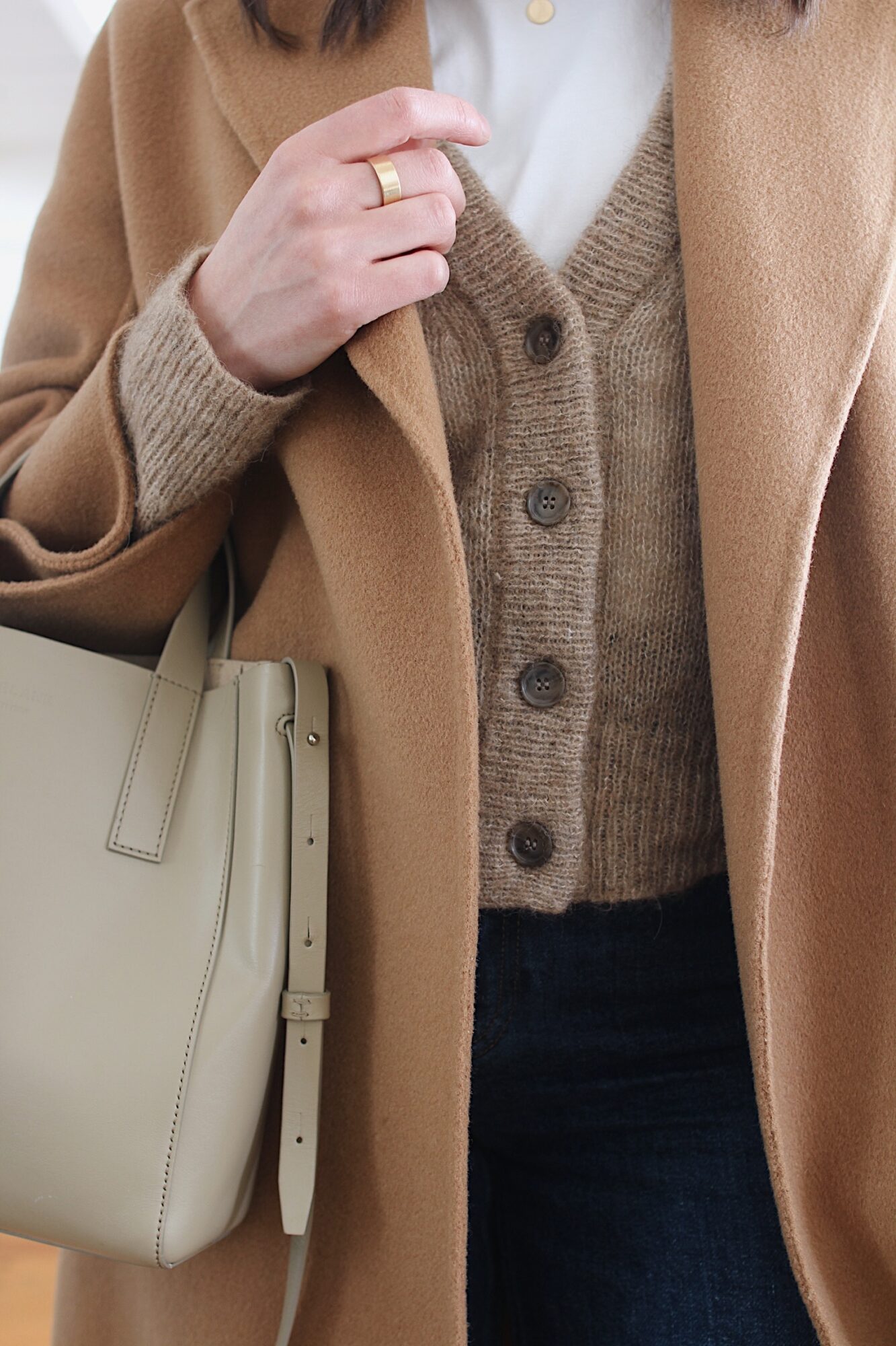 Style Bee - CAMEL COAT, TAUPE CARDIGAN, WHITE TEE, WAY HIGH JEANS & BOOTS