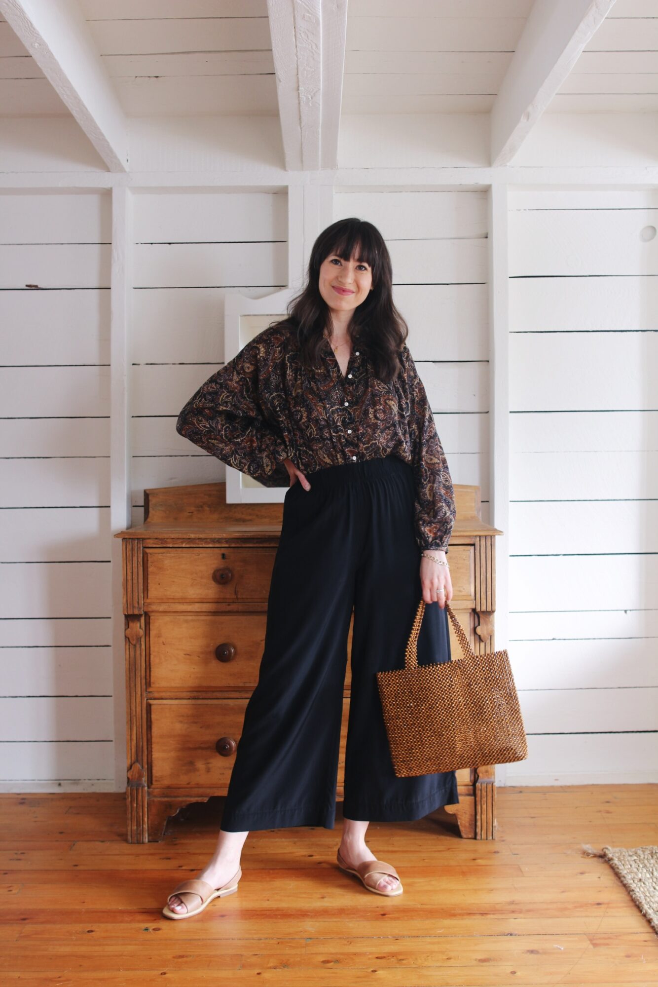 PAISLEY BLOUSE, SILK PANTS, BEADED BAG AND CROSS STRAP SANDAL - Style Bee