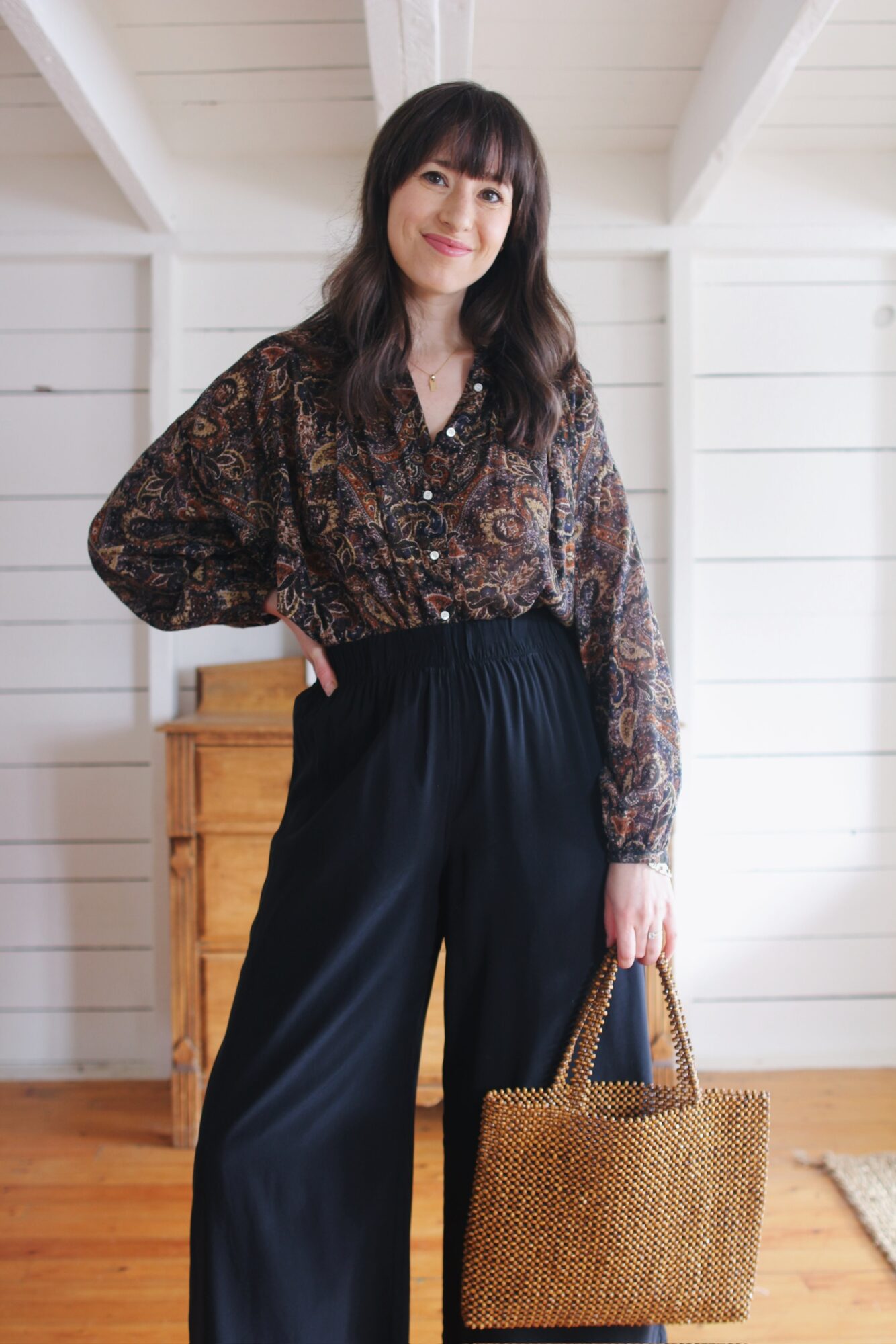 PAISLEY BLOUSE, SILK PANTS, BEADED BAG AND CROSS STRAP SANDAL - Style Bee