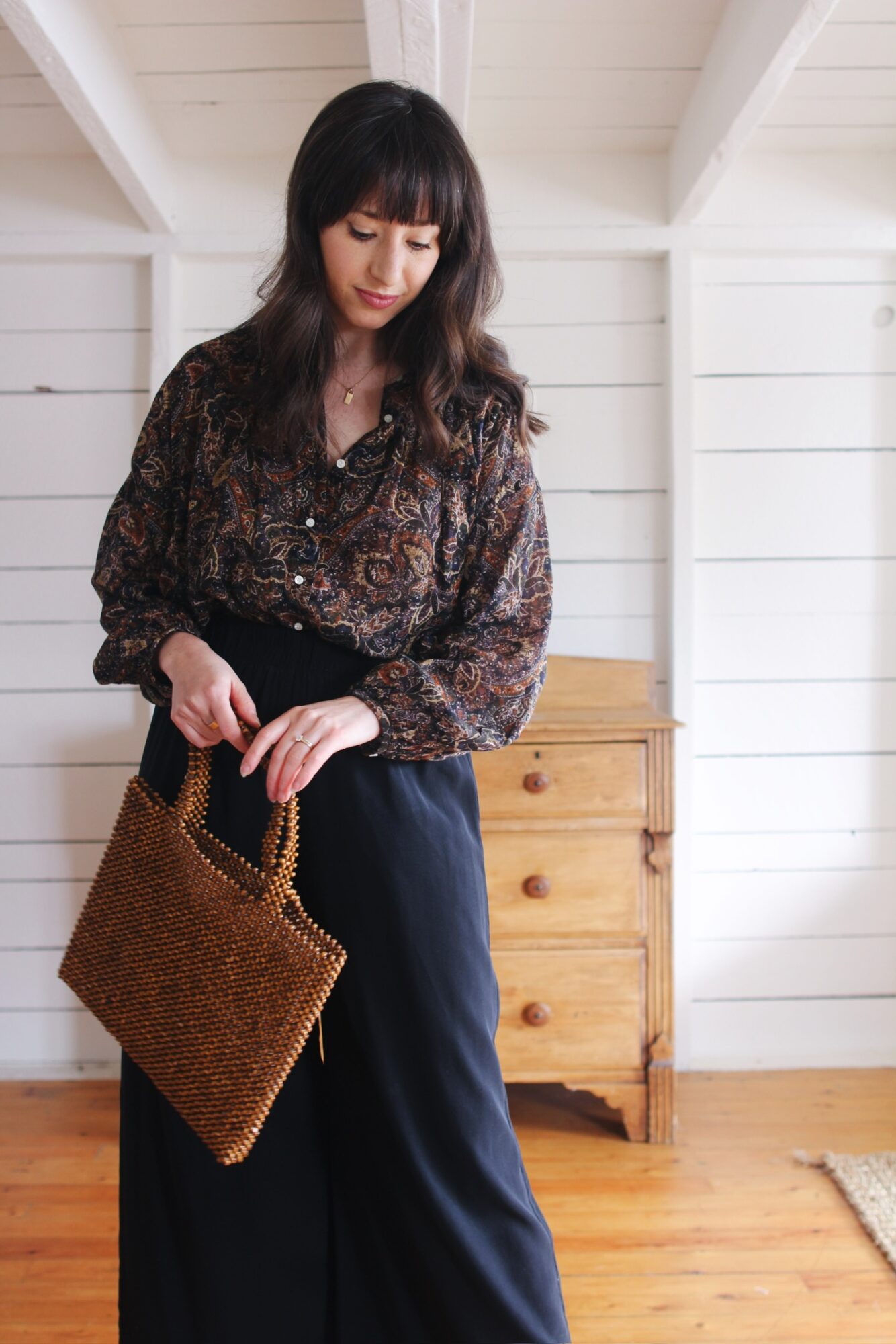 PAISLEY BLOUSE, SILK PANTS, BEADED BAG AND CROSS STRAP SANDAL - Style Bee