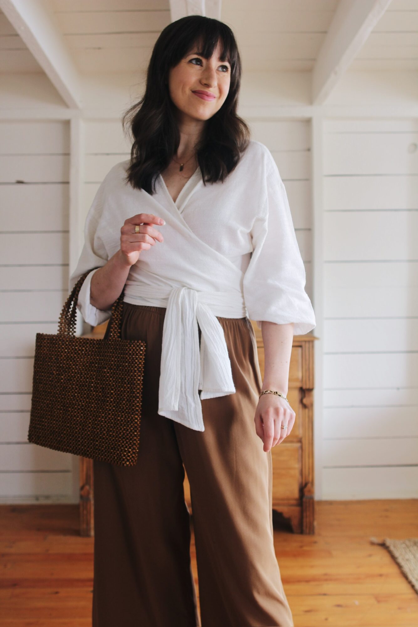 PAISLEY BLOUSE, SILK PANTS, BEADED BAG AND CROSS STRAP SANDAL