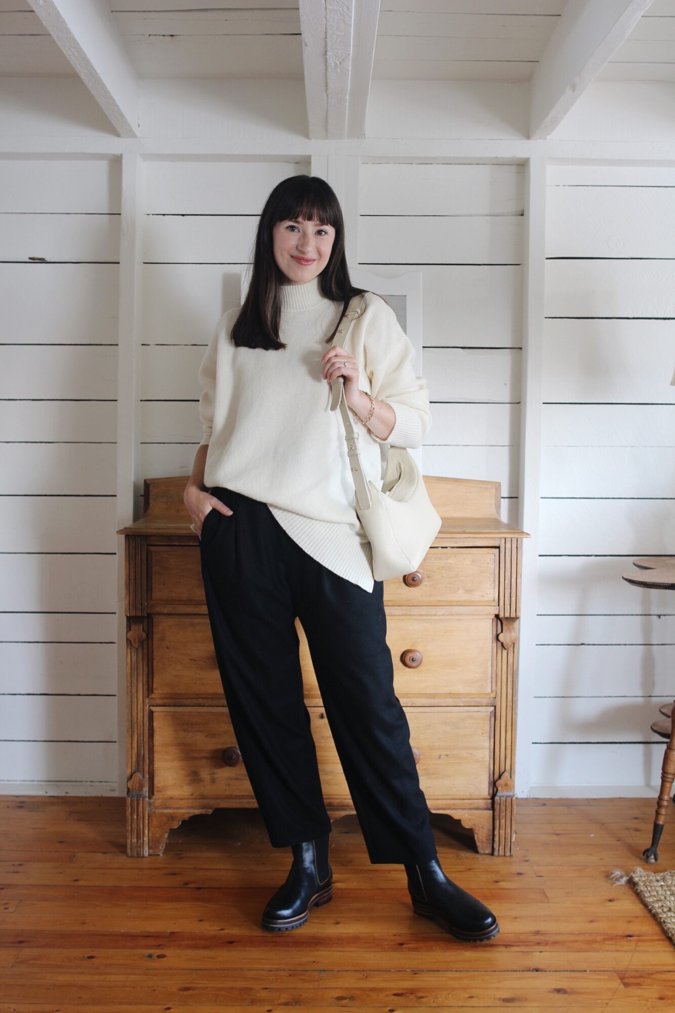 RETREAT MOCKNECK, WOOL PANT, CHELSEA BOOTS, TRÈS CHIC BAG