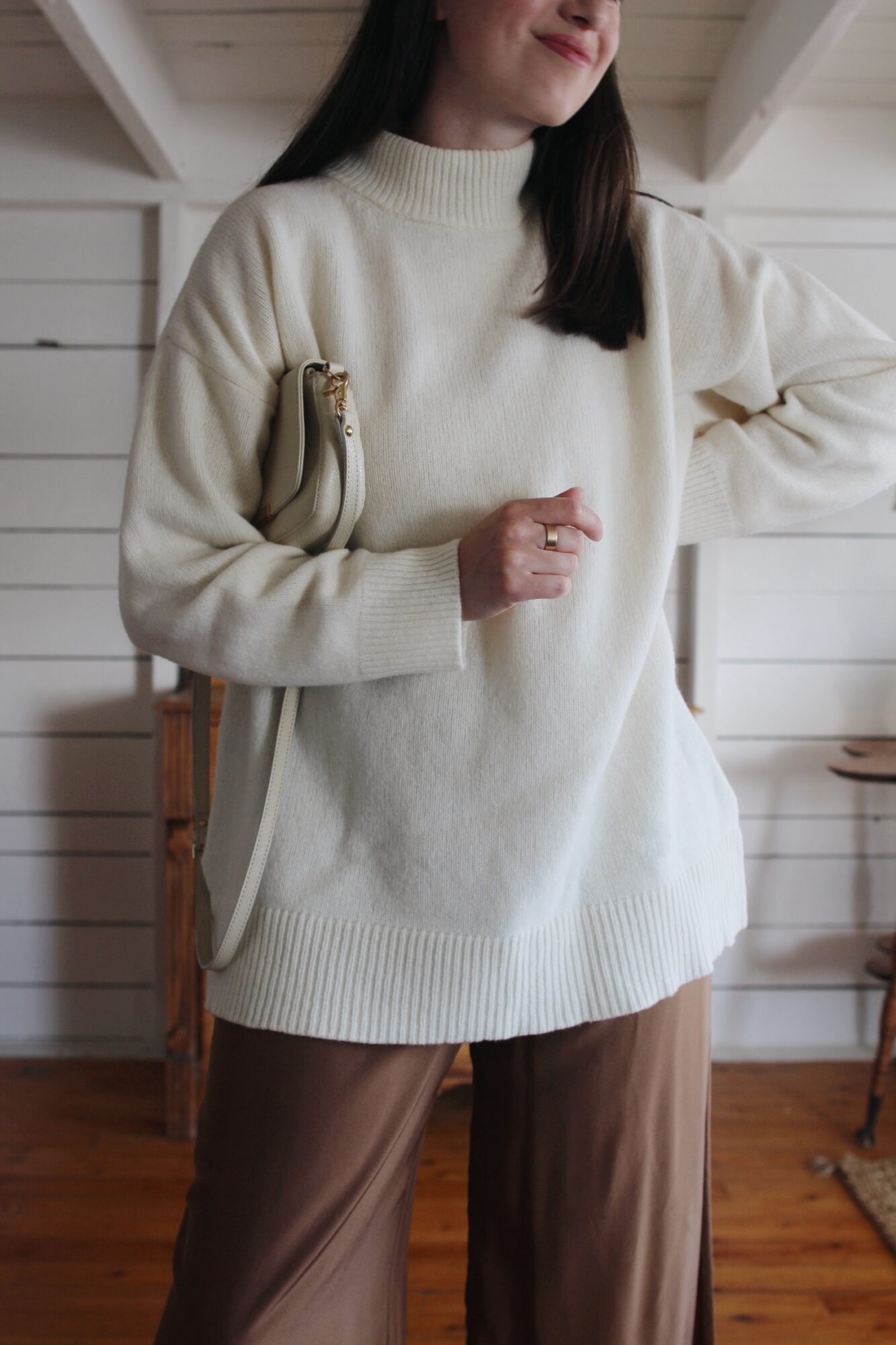 LONG CAMEL KNIT, WHITE TEE, BLACK WIDE LEG PANTS AND SUEDE CLOGS