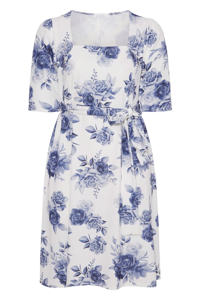 79d03741 white blue floral square neck skater dress