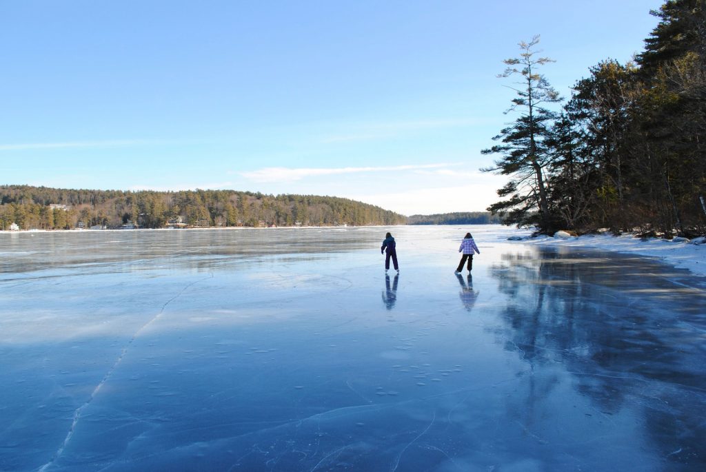 children skating on lake