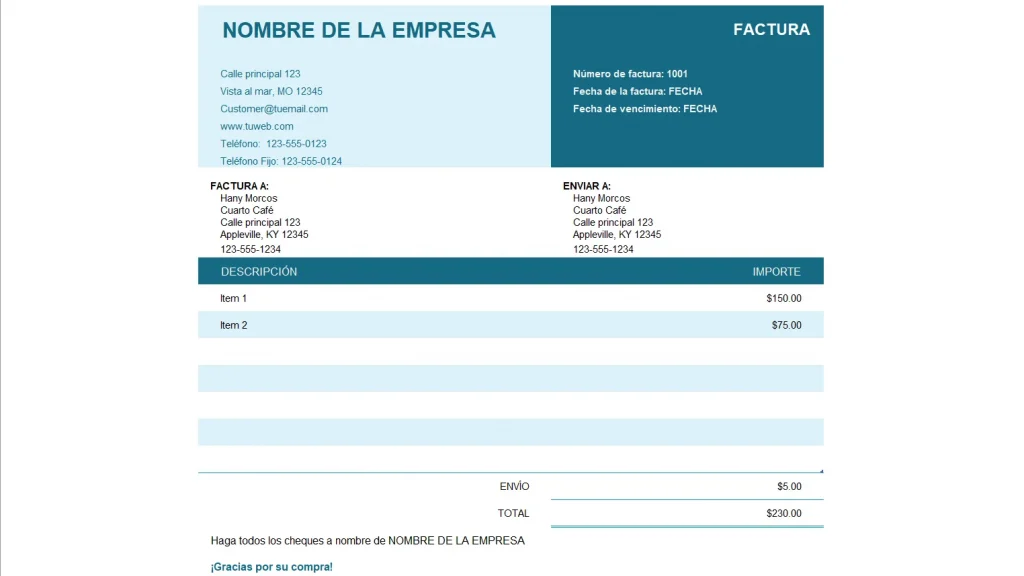 Plantilla de Factura simple en Excel 