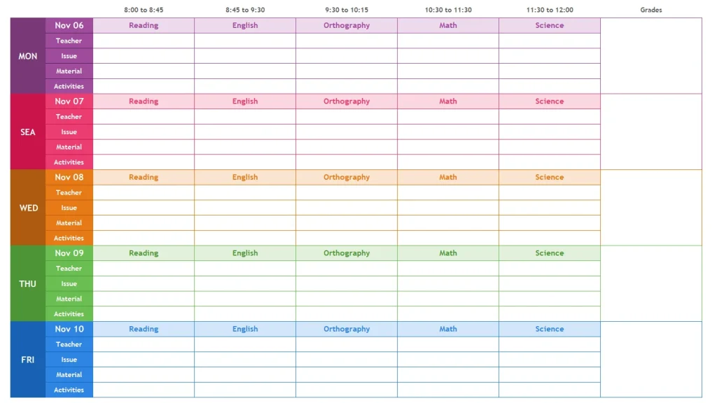 School planning template in Excel