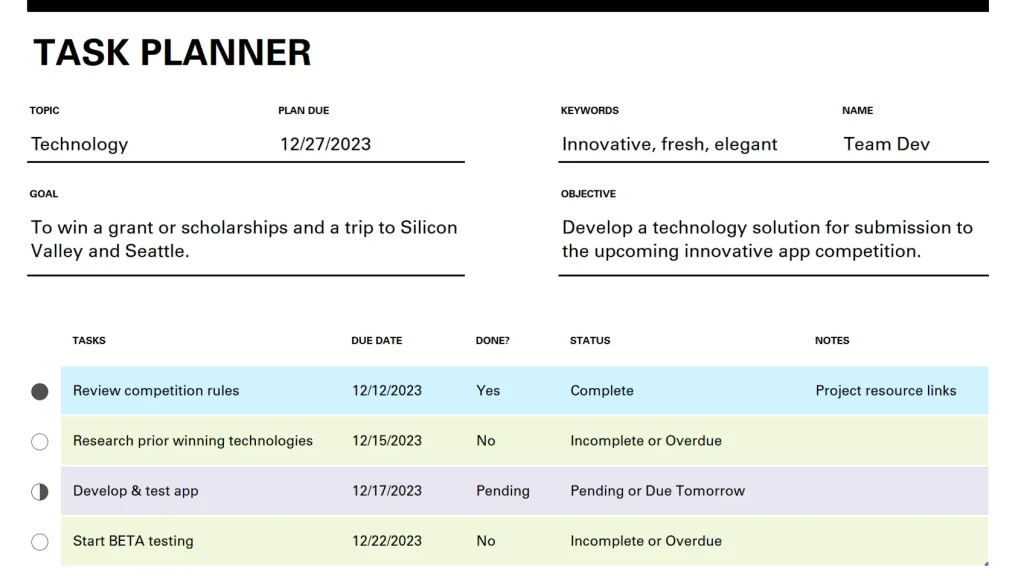 Planificador de tareas en Excel