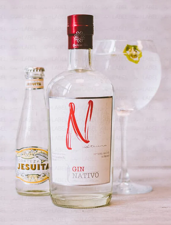 Botella de Gin Nativo en primer plano. Detrás se puede ver una Ginger Beer marca Corteza Jesuita con tapa de metal. A la derecha una copa de Gin.