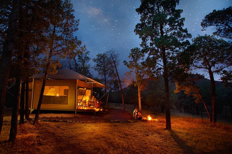 Night-time exterior shot of a Safari tent at Wilpena Pound Resort, Ikara-Flinders Ranges, South Australia