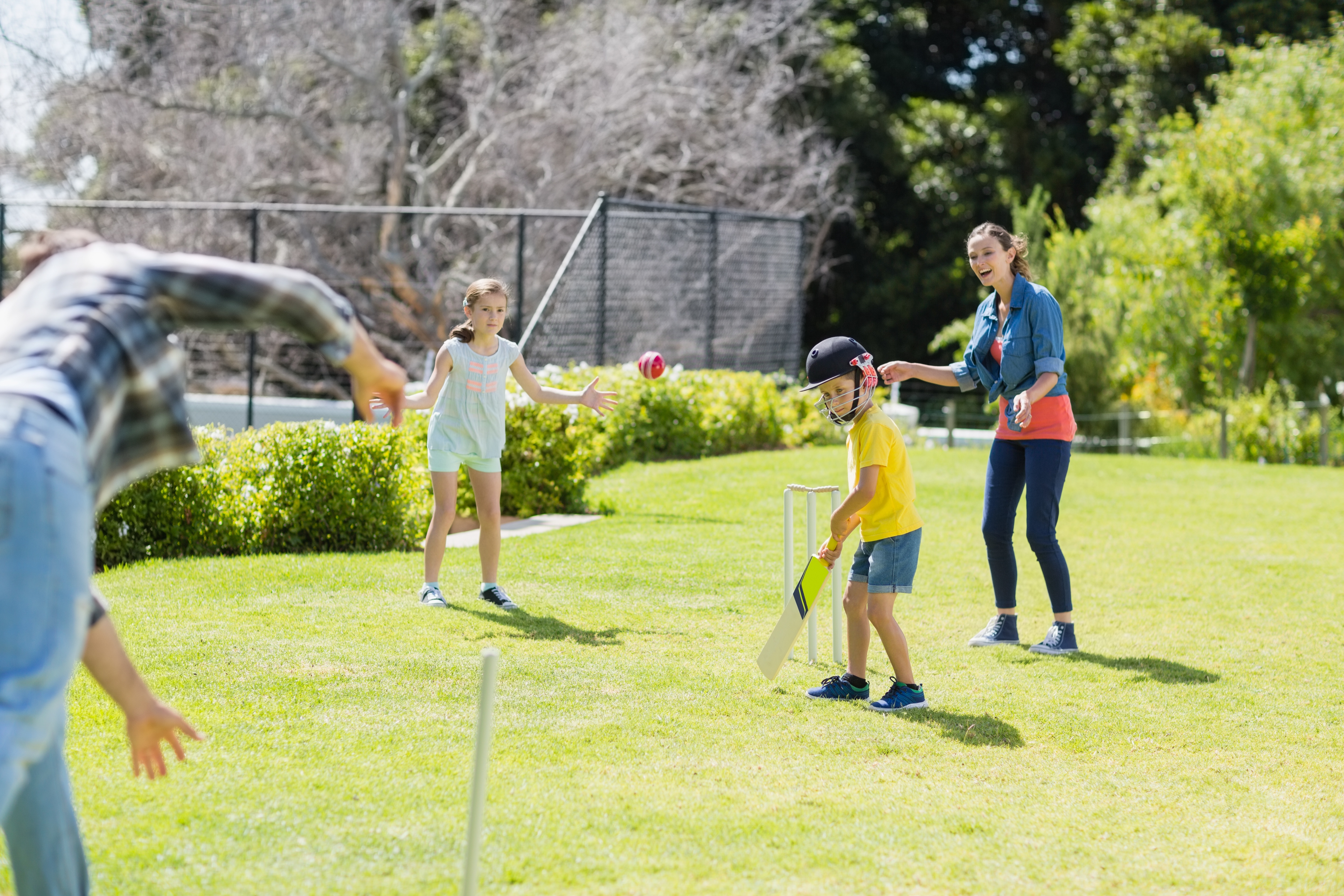 Family playing cricket in a park