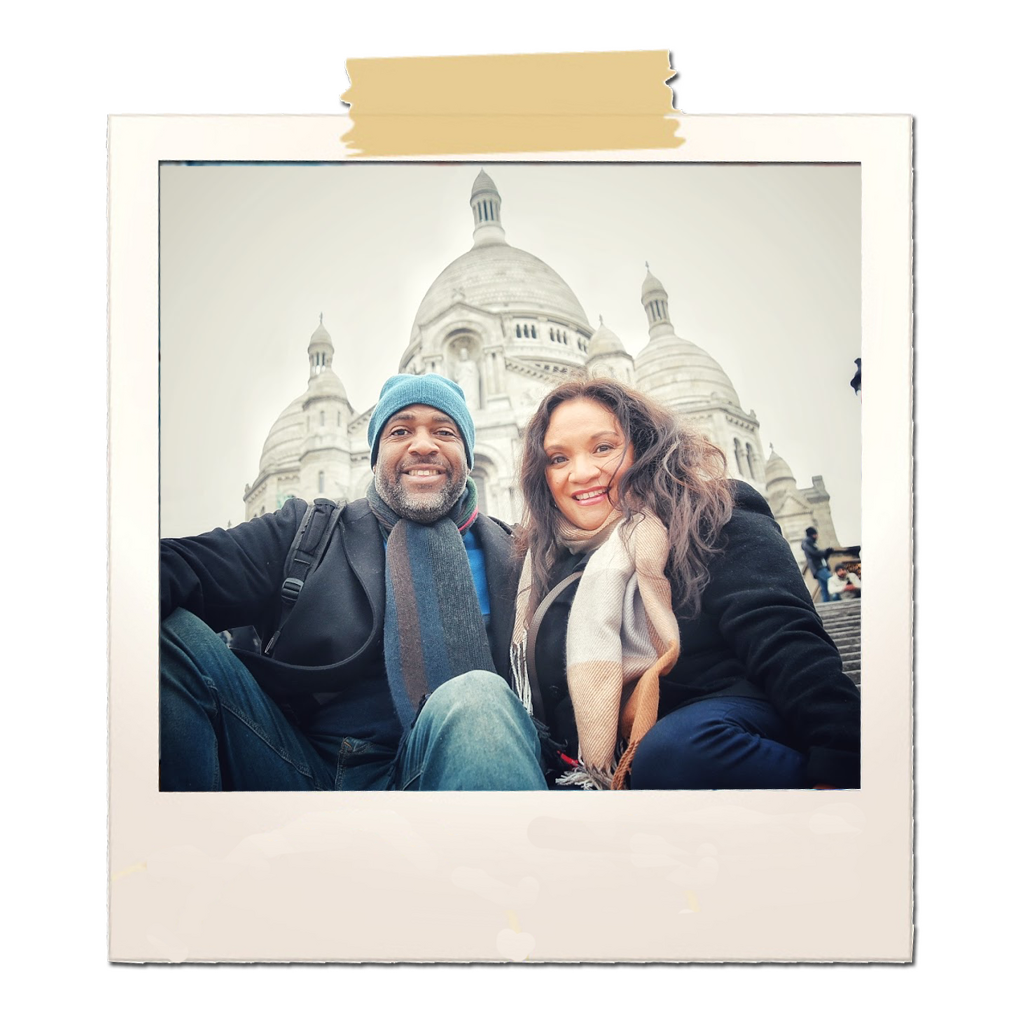 Zod and drea in front of Sacre Coeur in Paris as we travel in Europe