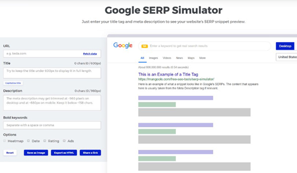 SERP Simulator giúp bạn kiểm tra độ dài tiêu đề bài viết.