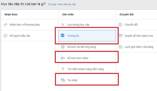 Chọn mục tiêu chiến dịch phù hợp để Facebook xác định chính xác định dạng quảng cáo.