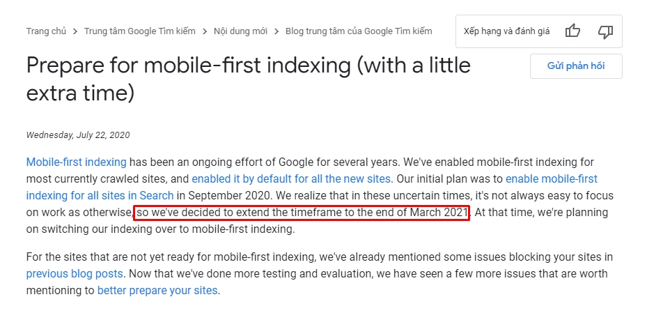 Tăng thời gian cập nhật Mobile First-Indexing