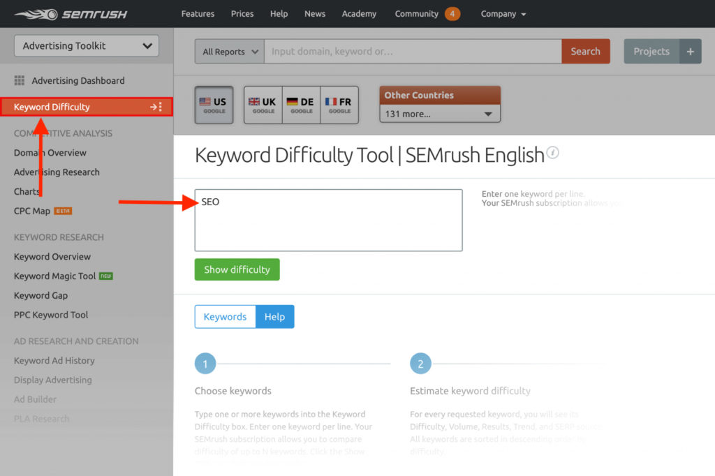 Tính năng Keyword Difficulty Tool trên SEMrush. 