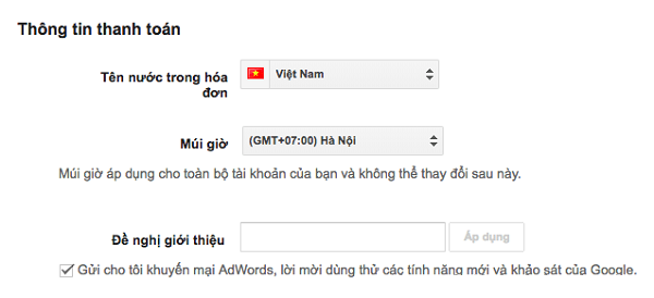 Thêm thông tin thanh toán cho Google Adwords