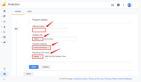 Chọn những thông tin phù hợp với Website của bạn để đăng ký Google Analytics.