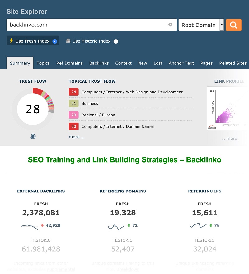 Tính năng Site Explorer Summary trong Majestic SEO