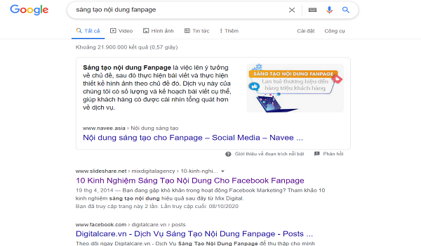 Google trả về các kết quả có liên quan đến truy vấn “sáng tạo nội dung Fanpage”