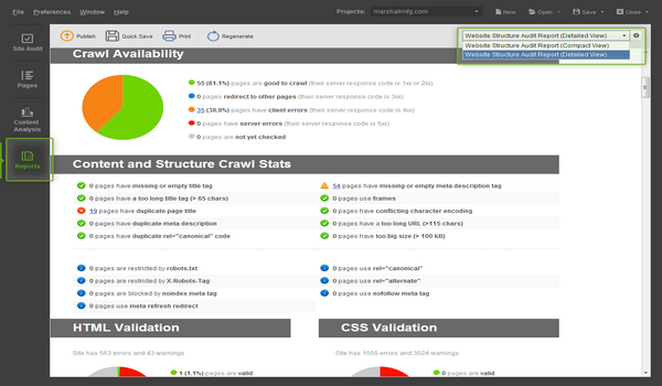 Bảng báo cáo của SEO PowerSuite luôn đầy đủ các dữ liệu của dự án