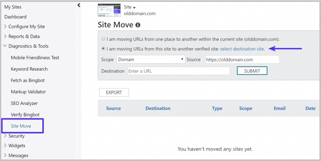 Di chuyển trang Web trong Bing Webmaster Tools