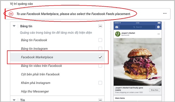 Bạn có thể chọn thủ công vị trí quảng cáo trên Facebook