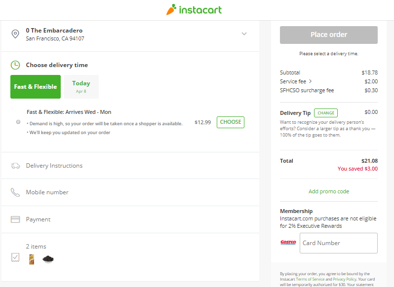 Instacart checkout page
