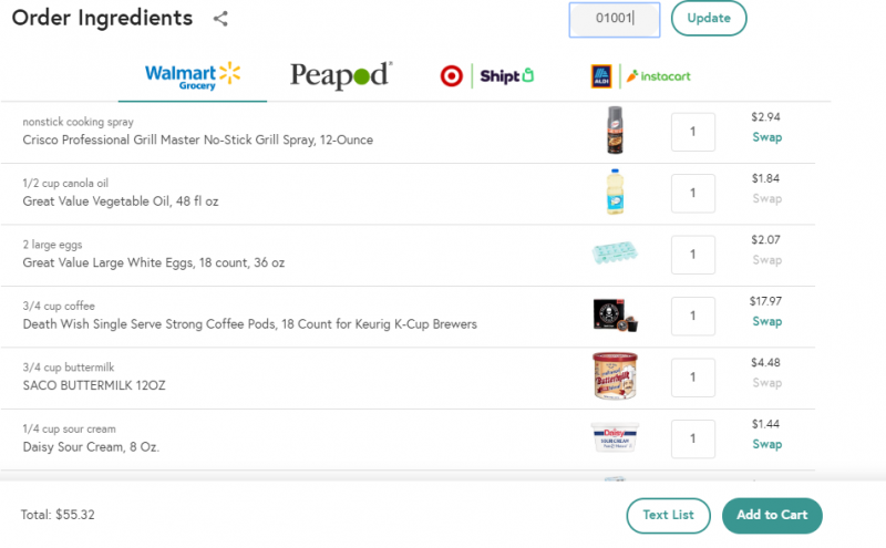 Instacart and other grocery deliveries integrated with Yummly recipes website