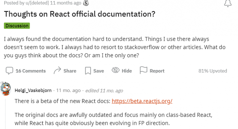 Comments on React’s documentation on Reddit