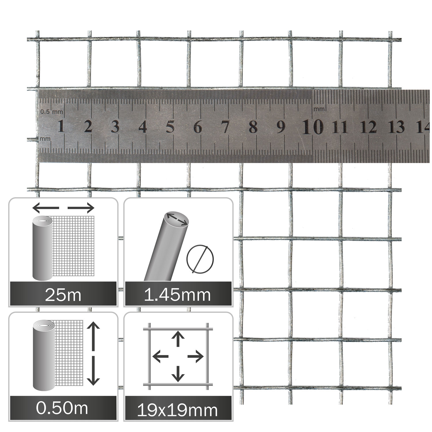 Rete metallica zincata 19x19x1.45mm, rotolo 25x0.5m, Maglia quadra  galvanizzata, Reti metalliche, attrezzi & altro