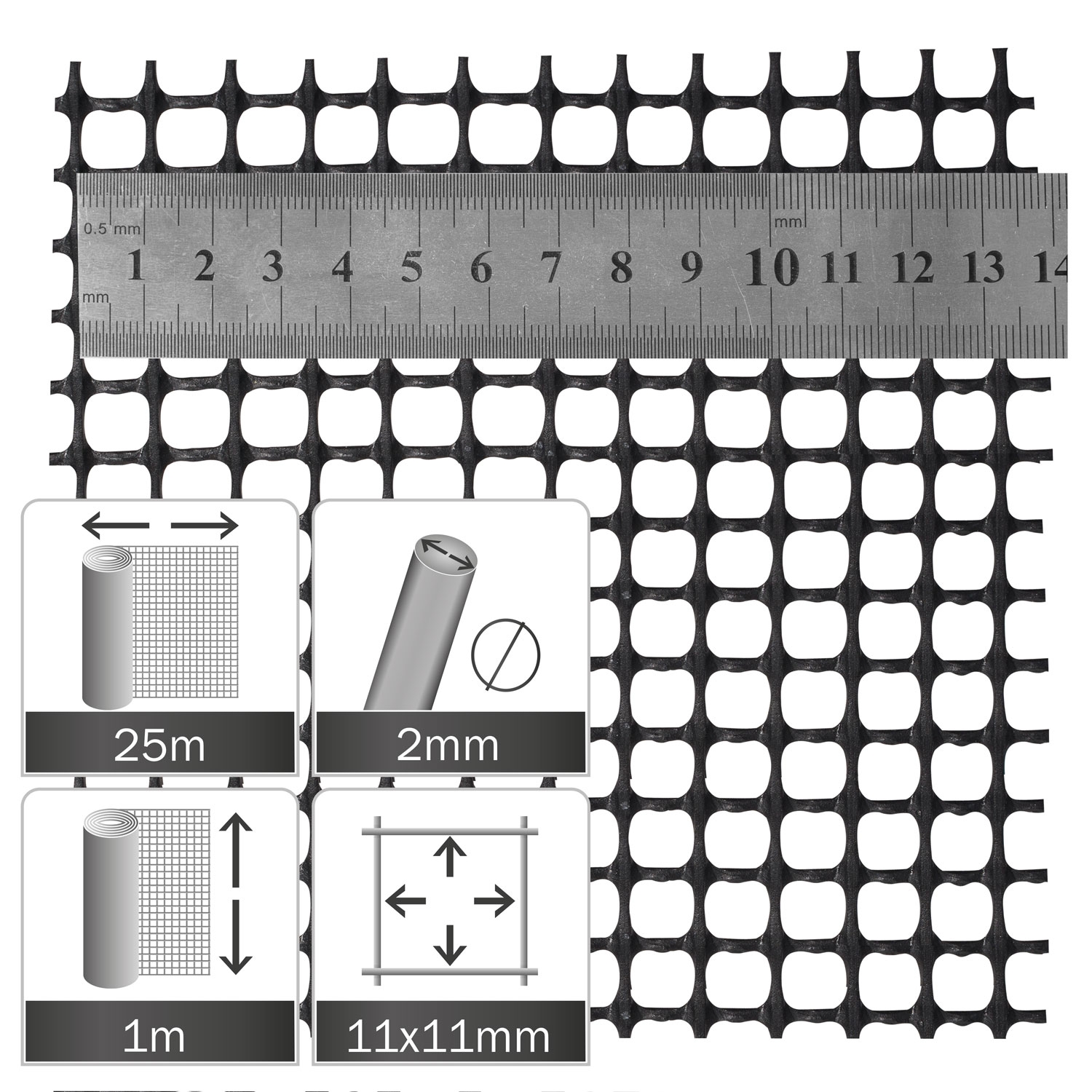 Plastic mesh 11x11cm, black, roll 25x1m, Rearing materials, Poultry