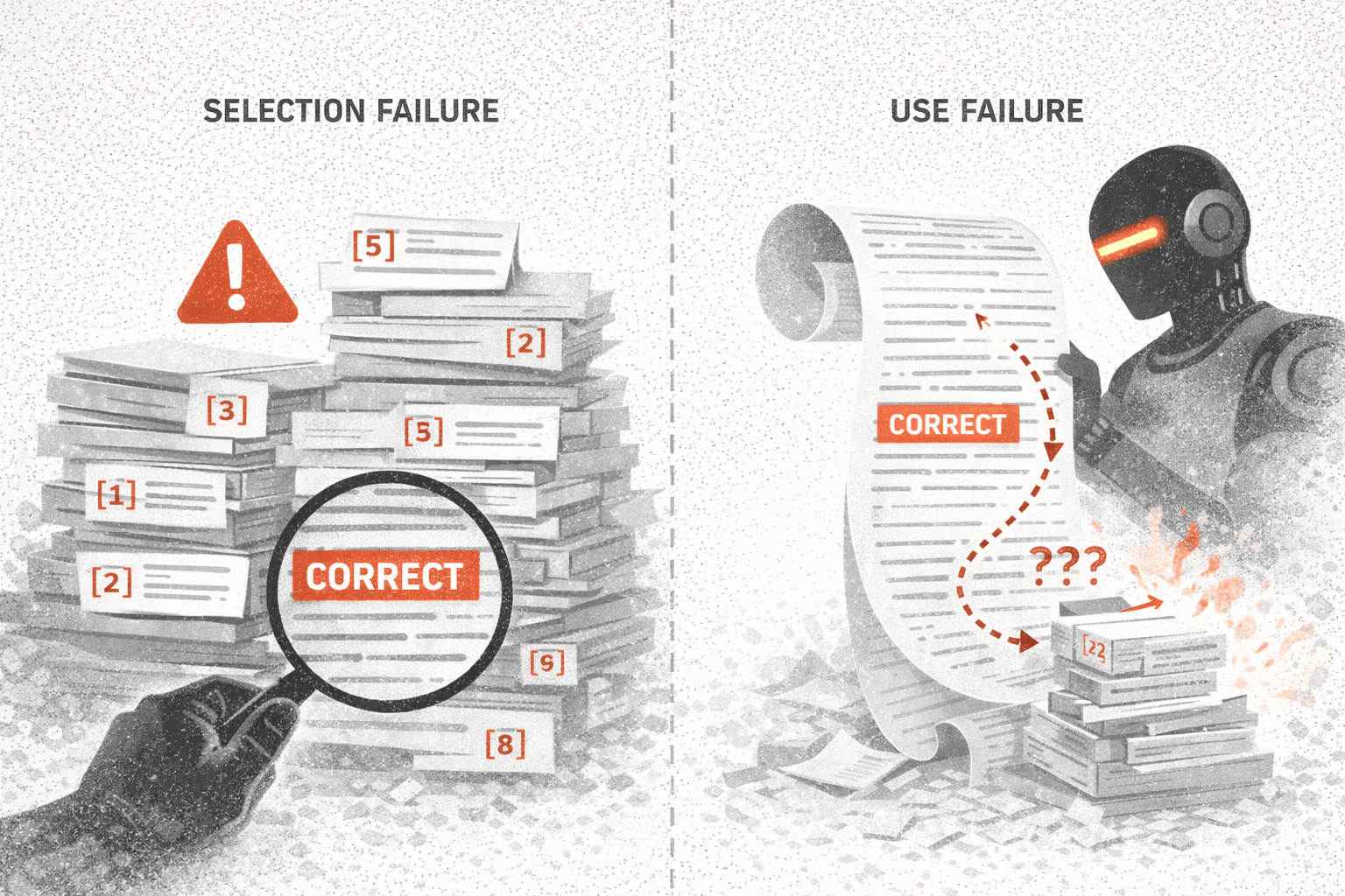 There are 2 main bottlenecks for RAG. 1) The correct answer gets retrieved along with lots of distractors. 2) The correct answer cannot be reliably resolved by the AI model when context increases.