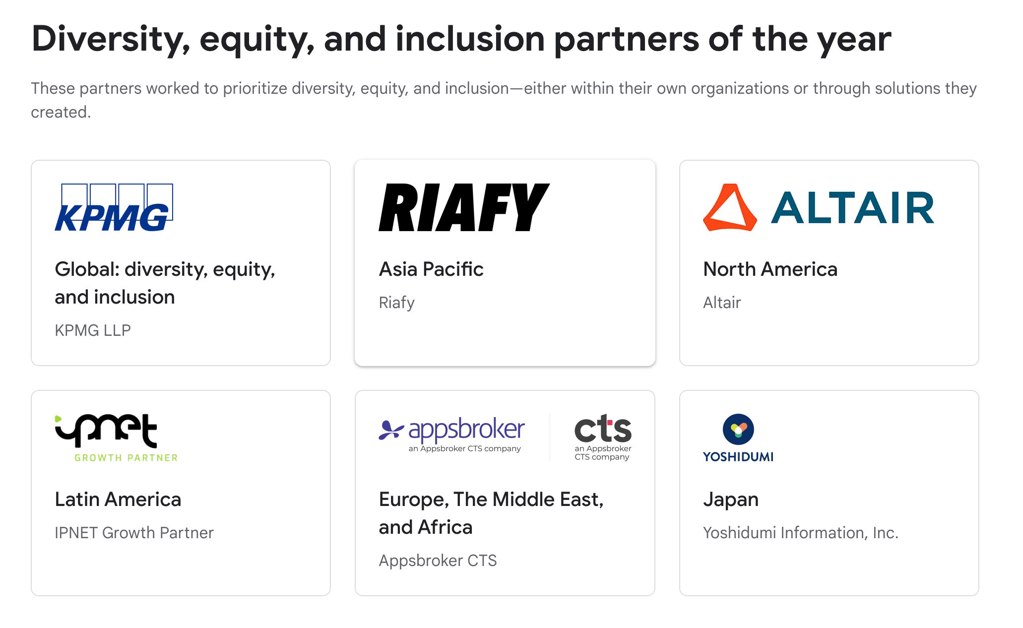 Google Cloud's DEI Partners of the Year include KPMG, Riafy, Appsbroker CTS, Yoshidumi, Ipnet, Altair