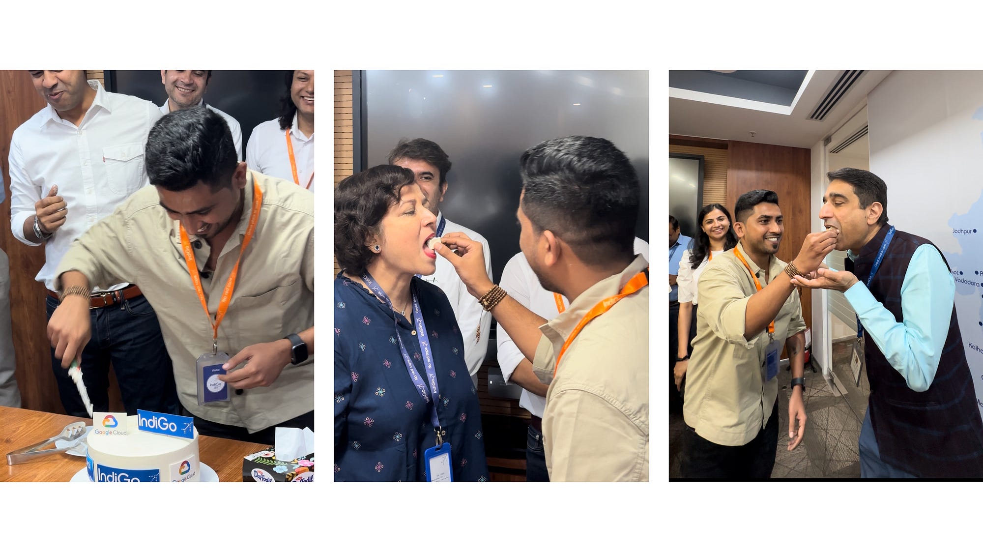 Riafy's Joseph distributed the celebratory cake to Neetan Chopra and Charu Varma and members from all 3 teams - IndiGo, Google &amp; Riafy