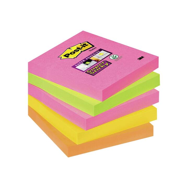 POST-IT Haftnotizen Super Sticky (76 mm x 76 mm, Grün, Orange, Pink, Gelb)