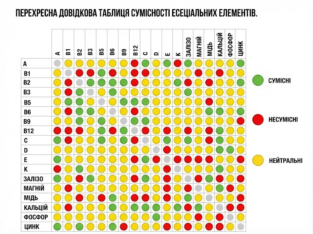 Таблиця сумісності есенціальних елементів (вітамінів і мінералів)