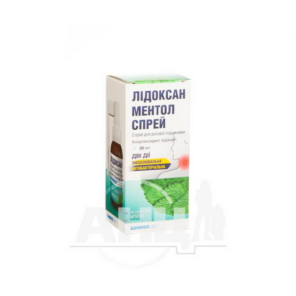 Лідоксан ментол спрей спрей для ротової порожнини 2 мг/1 мл + 0,5 мг/1 мл флакон 30 мл