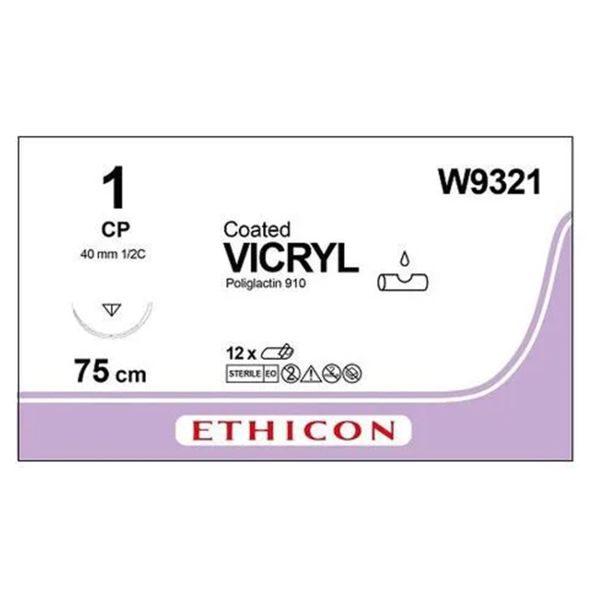 Вікрил w9321 фіолетовий №1, довжина 75 см, голка обр-ріжучий 40 мм 1/2 окружність