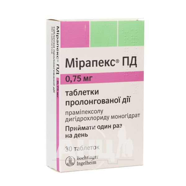 Мірапекс ПД таблетки пролонгованої дії 0,75 мг блістер №30