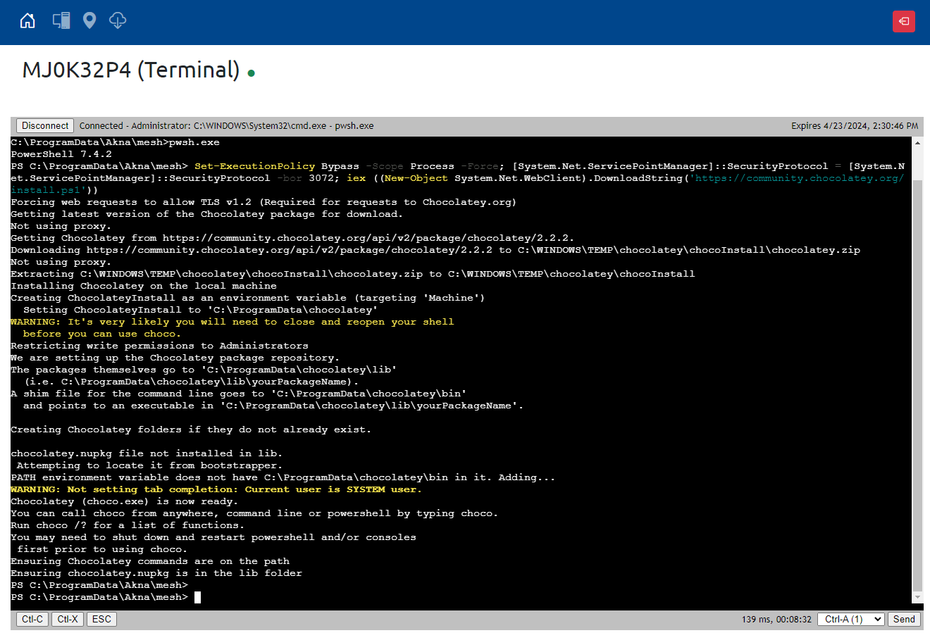 Install Chocolatey using PowerShell through the Remote Command-Line provided by Akna