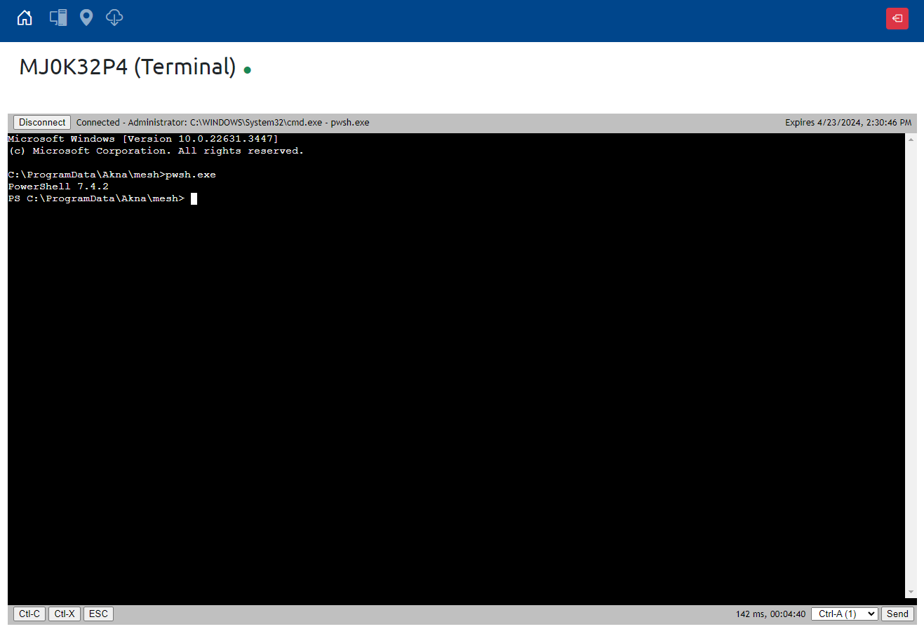 Opening PowerShell 7.4.2 version using the Akna remote command-line