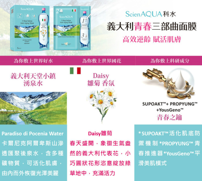 ​ScienAQUA, 科水, 三部曲面膜, 法國保濕, 加拿大美白, 義大利青春, 斐濟淨化, 前導精華, 水面膜, 賦活霜, 試用, 體驗