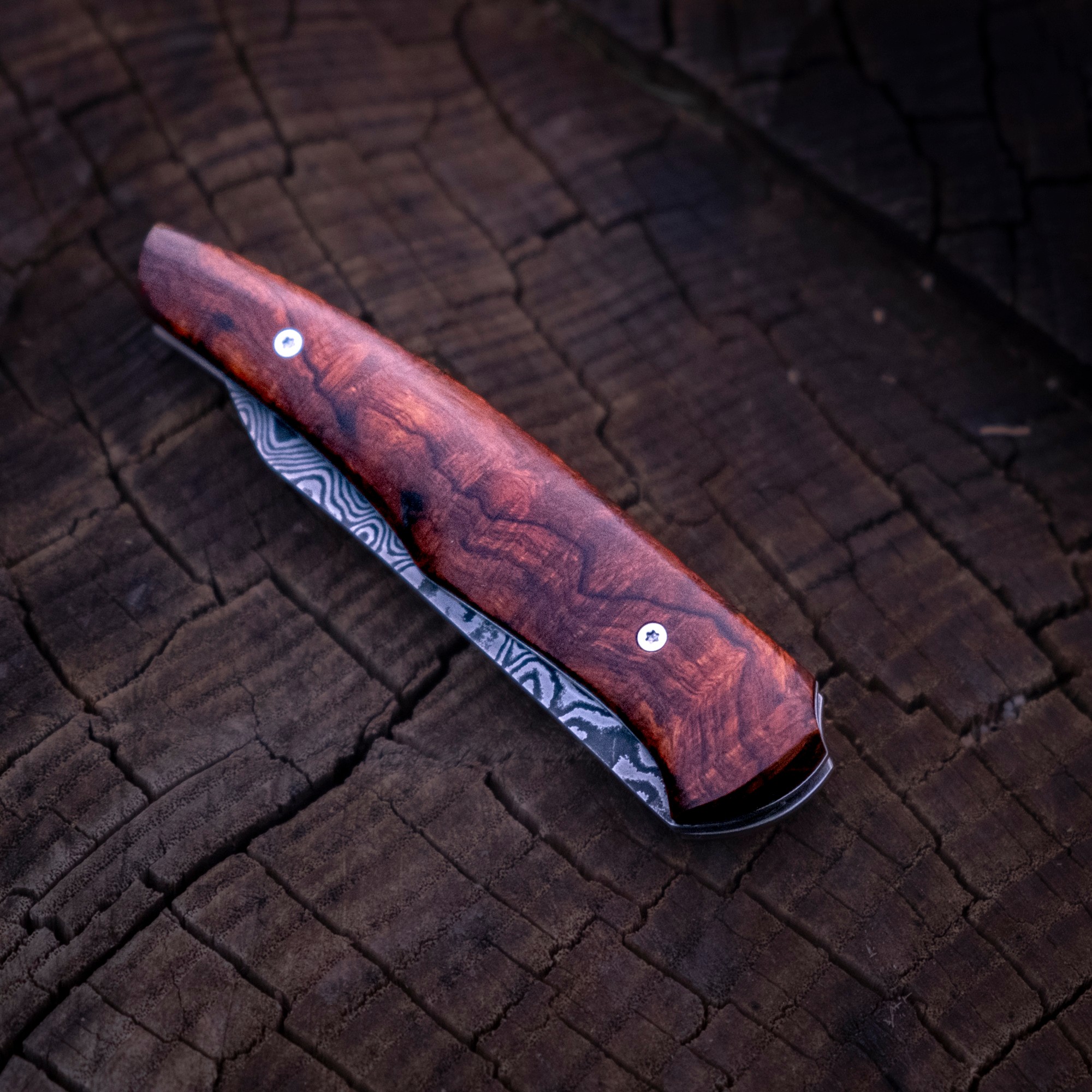 Klappmesser - Linerlock - Damaszenerstahl - Wüsteneisenholz