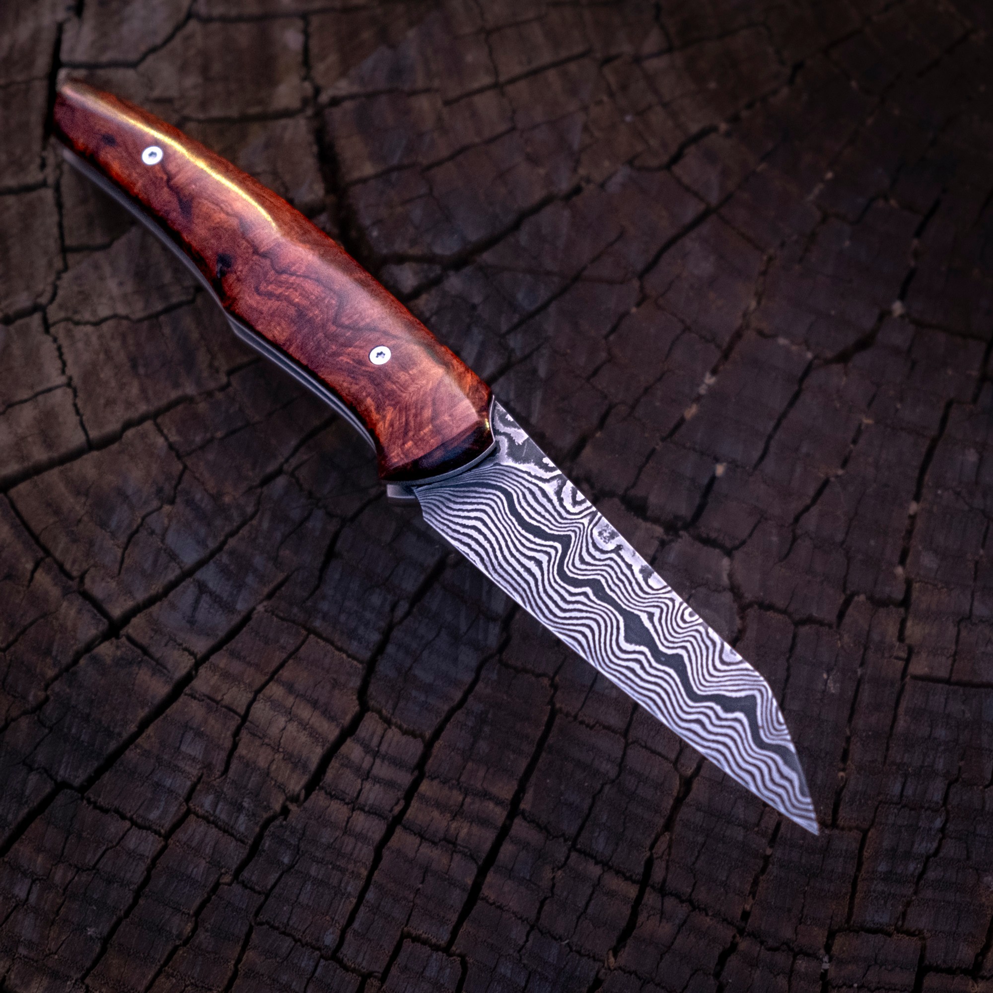 Klappmesser - Linerlock - Damaszenerstahl - Wüsteneisenholz