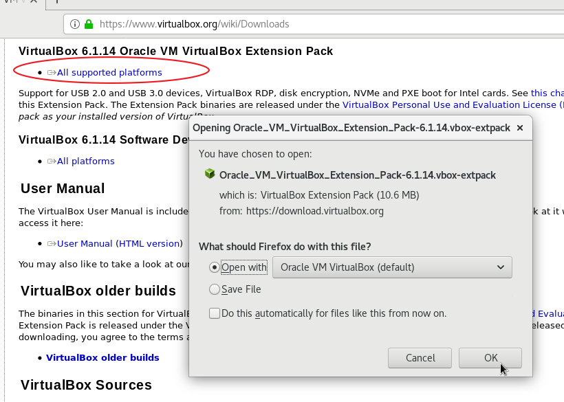 Downloading and installing the Extension Pack on CentOS 8 VirtualBox